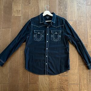 True Religion Black Western Button-Down Shirt with White Contrast Stitching